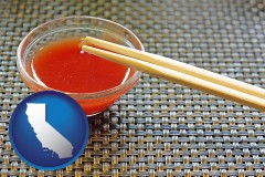 california map icon and chopsticks and red hot sauce in a Chinese restaurant