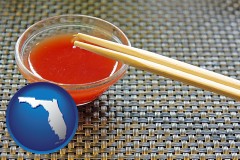 florida map icon and chopsticks and red hot sauce in a Chinese restaurant
