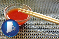 rhode-island map icon and chopsticks and red hot sauce in a Chinese restaurant