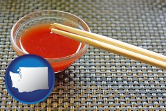washington map icon and chopsticks and red hot sauce in a Chinese restaurant