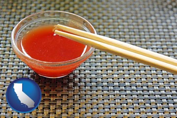 chopsticks and red hot sauce in a Chinese restaurant - with California icon