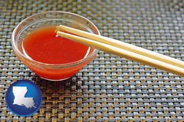 chopsticks and red hot sauce in a Chinese restaurant - with Louisiana icon