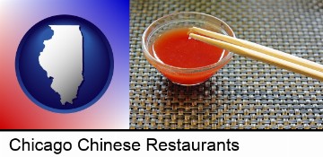 chopsticks and red hot sauce in a Chinese restaurant in Chicago, IL