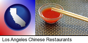 chopsticks and red hot sauce in a Chinese restaurant in Los Angeles, CA