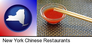 New York, New York - chopsticks and red hot sauce in a Chinese restaurant