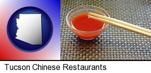 chopsticks and red hot sauce in a Chinese restaurant in Tucson, AZ
