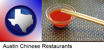 chopsticks and red hot sauce in a Chinese restaurant in Austin, TX