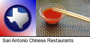 San Antonio, Texas - chopsticks and red hot sauce in a Chinese restaurant